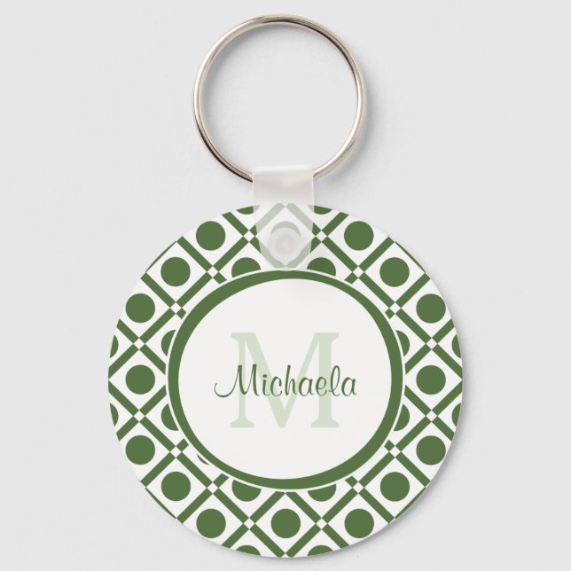 Modern Green and White Geometric Monogrammed Name Keychain (Front)