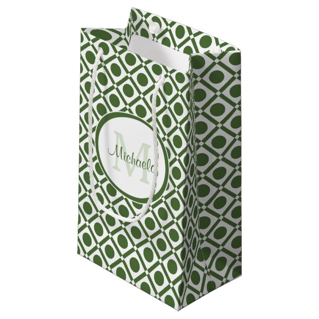 Modern Green and White Geometric Monogrammed Name Small Gift Bag (Front Angled)