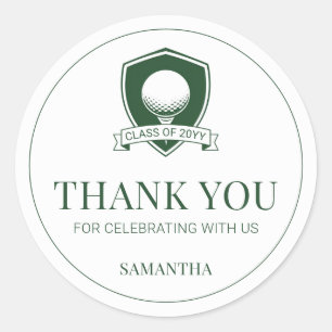 Modern Green and White Golf Graduation Thank You Classic Round Sticker