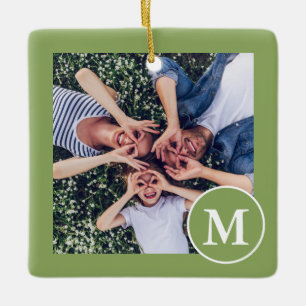 Modern Green and White Monogram Photo Ceramic Ornament