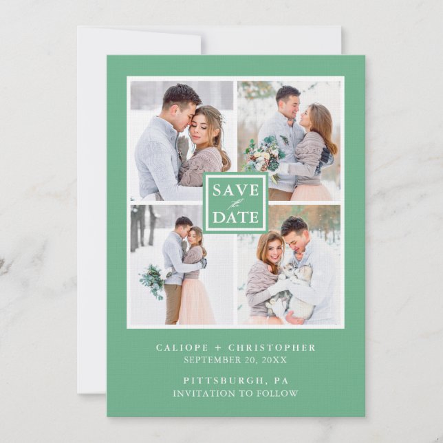 Modern Green and White Photo Collage Save the Date (Front)