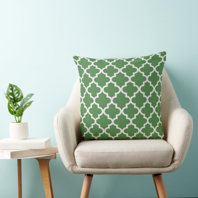 Modern Green and White Quatrefoil Pattern Throw Pillow (Chair)