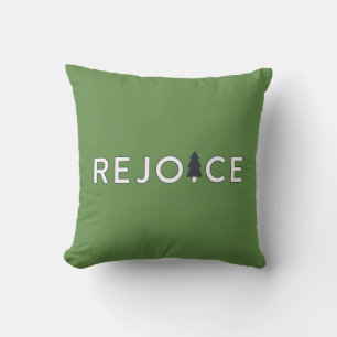 Modern Green and White Rejoice Christmas Tree Throw Pillow