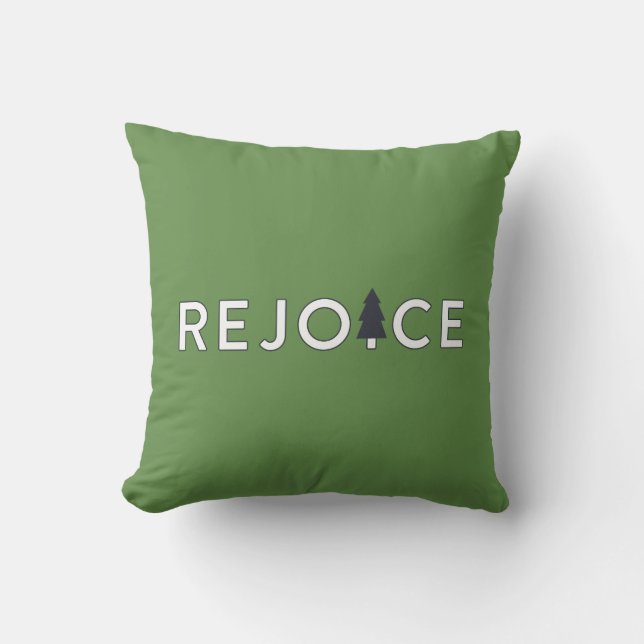 Modern Green and White Rejoice Christmas Tree Throw Pillow (Front)