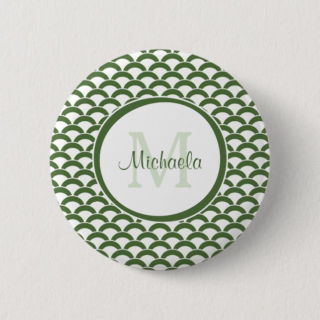 Modern Green and White Scallops Monogram and Name 2 Inch Round Button (Front)