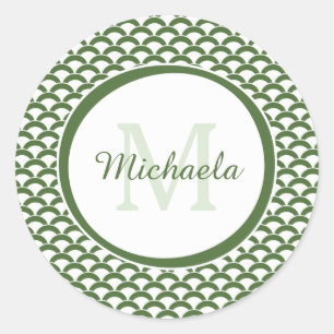 Modern Green and White Scallops Monogram and Name Classic Round Sticker