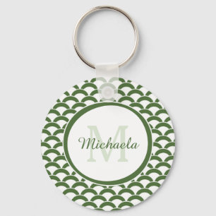 Modern Green and White Scallops Monogram and Name Keychain