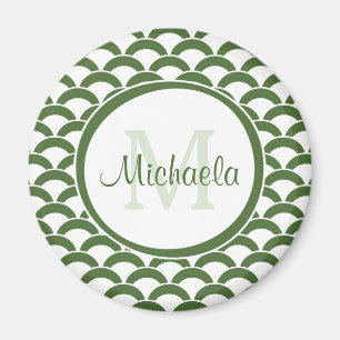 Modern Green and White Scallops Monogram and Name Magnet