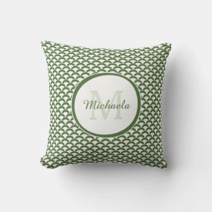 Modern Green and White Scallops Monogram and Name Throw Pillow