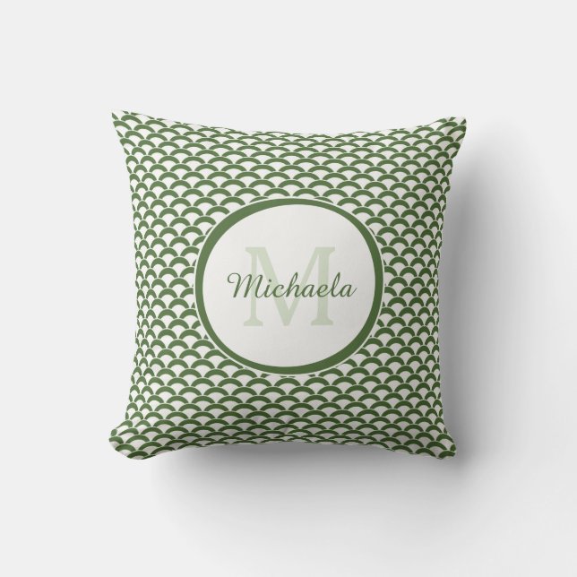 Modern Green and White Scallops Monogram and Name Throw Pillow (Front)