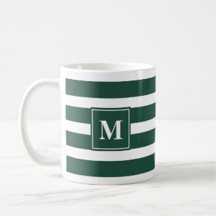 Modern Green and White Stripe with Monogram  Coffee Mug
