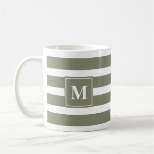 Modern Green and White Stripe with Monogram  Coffee Mug