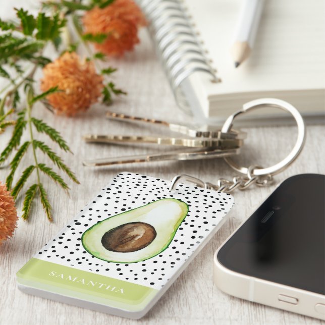 Modern Green Avocado Personalized Name  Keychain (Front Right)