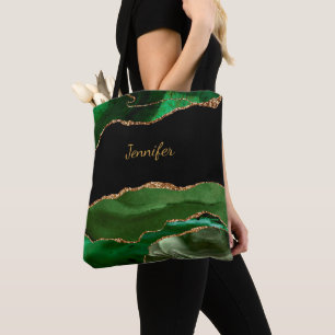 Modern Green Black Agate Crystal Personalize Name Tote Bag
