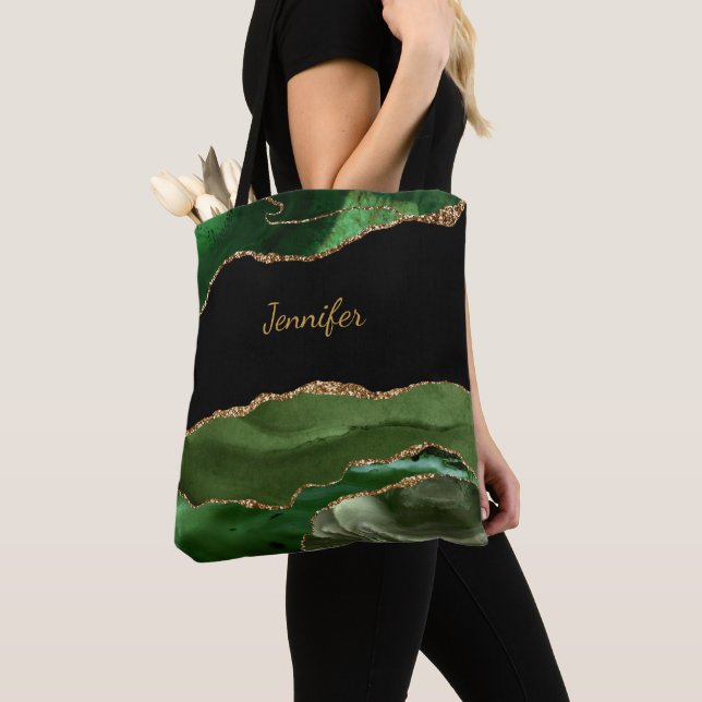 Modern Green Black Agate Crystal Personalize Name Tote Bag (Close Up)
