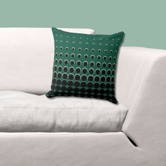 Modern Green & Black Ascending Dots Throw Pillow (Green and Black Pillow, Halftone Pattern)