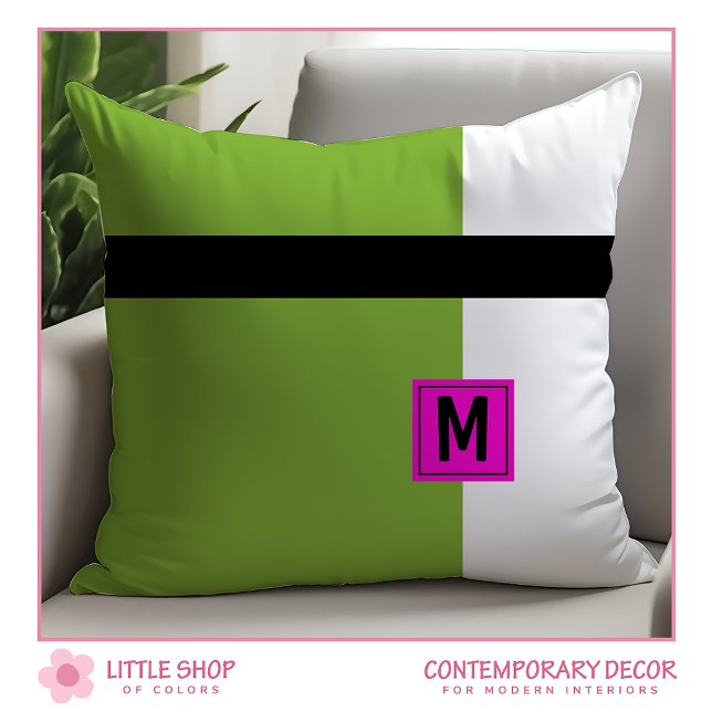 Modern Green Black Colour Block Monogrammed Throw Pillow (Creator Uploaded)