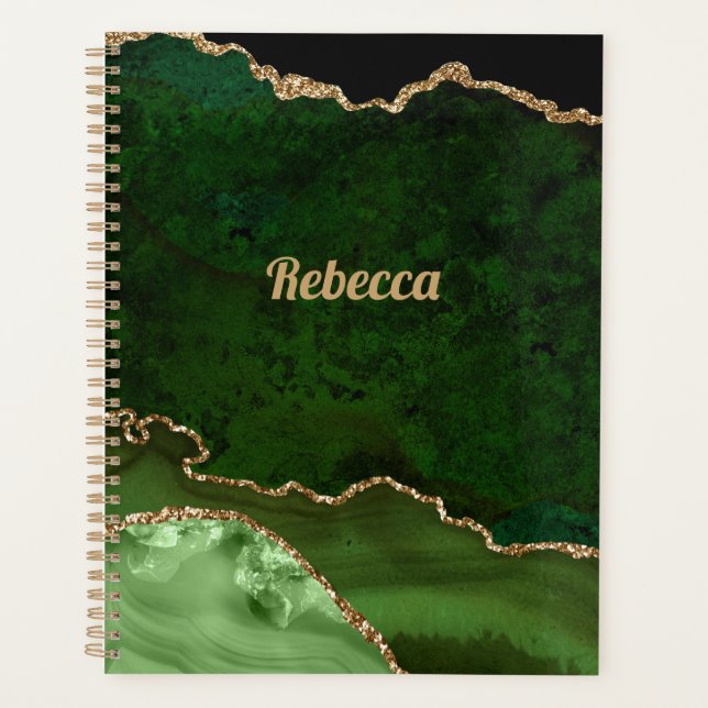 Modern Green Black & Gold Agate Personalize Planner (Front)