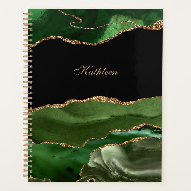 Modern Green Black & Gold Agate Personalize Planner (Front)