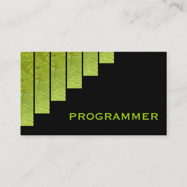 Modern green, black vertical stripes programmer business card (Front)