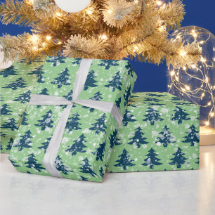 Modern Green Blue Christmas Snowy Trees Wrapping Paper