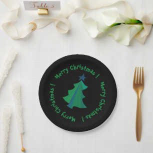Modern Green Blue Christmas Tree Black Paper Plate