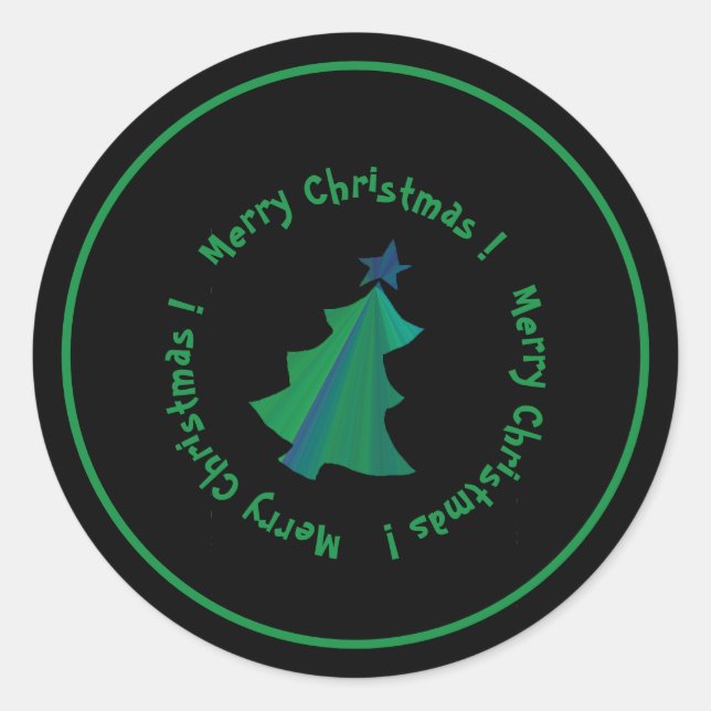 Modern Green Blue Christmas Tree on Black Classic Round Sticker (Front)