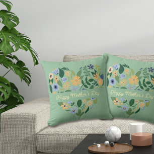 Modern Green Blue Heart Floral Mother's Day Throw Pillow