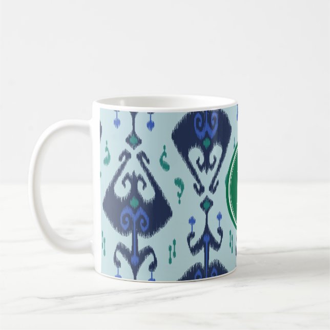Modern green blue ikat tribal pattern monogram coffee mug (Left)
