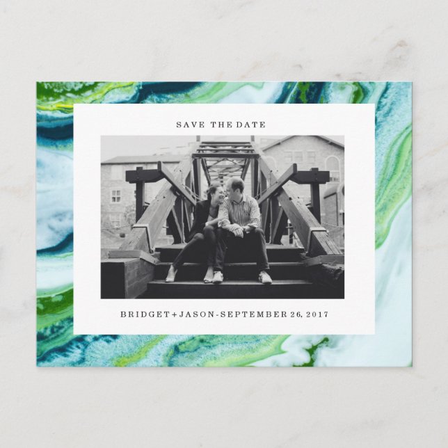 Modern Green Blue marble Photo  SAVE THE DATE Announcement Postcard (Front)