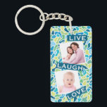 Modern Green Blue Mosaic Custom Photo Quote Keychain<br><div class="desc">Modern and bright abstract mosaic style pattern for two photos with "live,  laugh,  love" quote.</div>