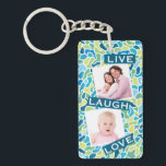 Modern Green Blue Mosaic Custom Photo Quote Keychain<br><div class="desc">Modern and bright abstract mosaic style pattern for two photos with "live, laugh, love" quote.</div>