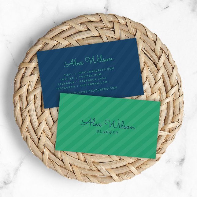 Modern Green & Blue Stripes Pattern Social Media Business Card (Creator Uploaded)