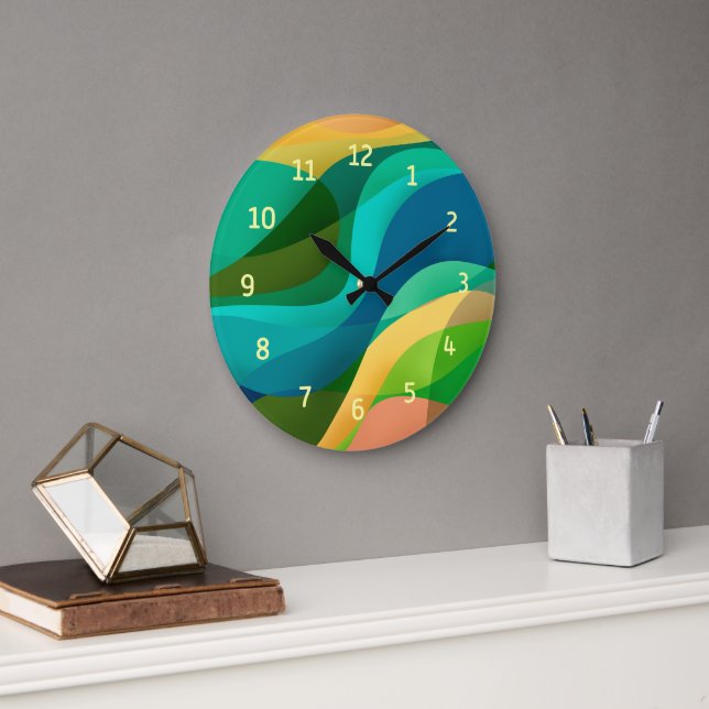 Modern Green Blue Yellow Abstract Art Large Clock (Office)