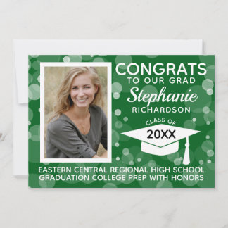 Modern Green Bokeh Bubbles Photo Graduation Invitation
