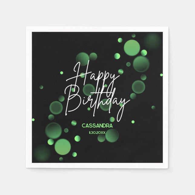 Modern Green Bokeh Gradient Black Happy Birthday Napkin (Front)
