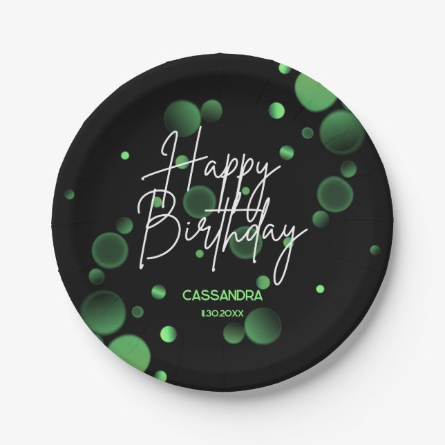 Modern Green Bokeh Gradient Black Happy Birthday Paper Plate (Front)