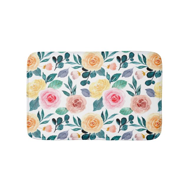 Modern Green Botanical Blush Pink Floral Pattern Bath Mat (Front)