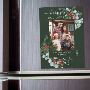 Modern Green Botanical Christmas Photo Magnet Card