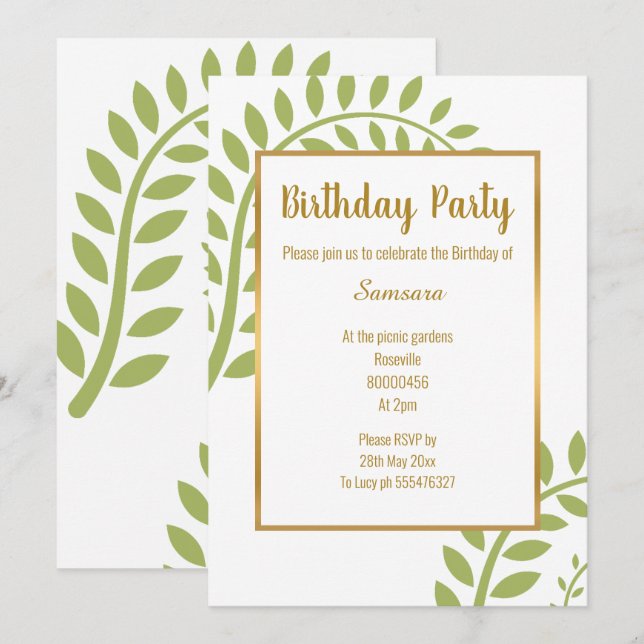 MODERN GREEN BOTANICAL FERN WHITE BIRTHDAY INVITATION (Front/Back)