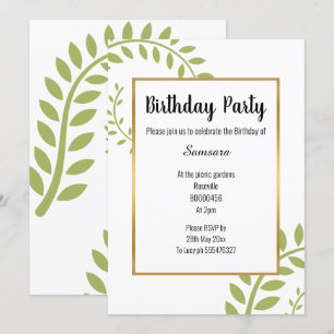 MODERN GREEN BOTANICAL FERN WHITE GOLD BIRTHDAY INVITATION