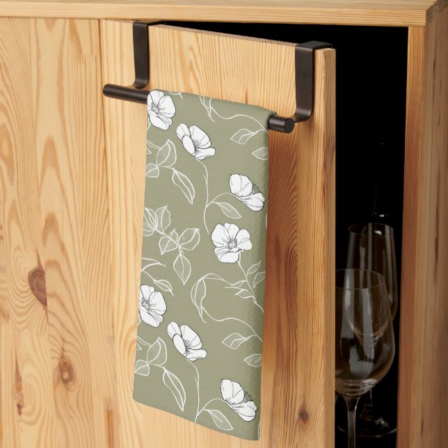 Modern Green Botanical Flowers Floral Pattern Kitchen Towel (Thirds Fold)