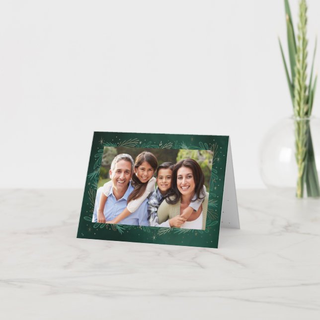 Modern Green Botanical Keepsake Photo Chistmas Holiday Card (Front)