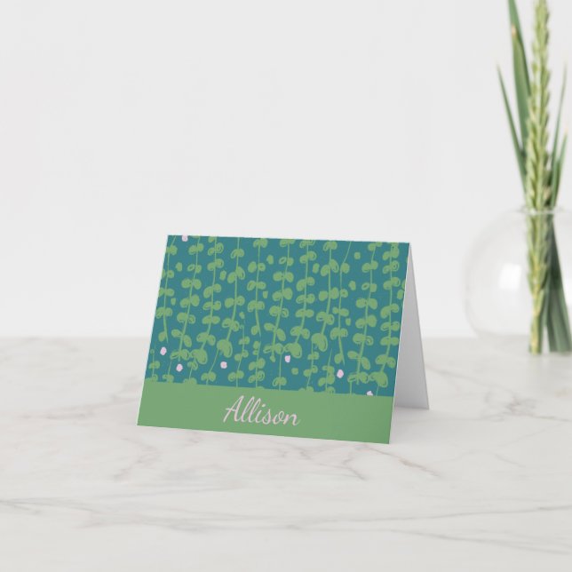 Modern Green Botanical Vines Personalized Name Note Card (Front)