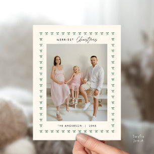 Modern Green Bow Pattern Family Photo Christmas Postcard