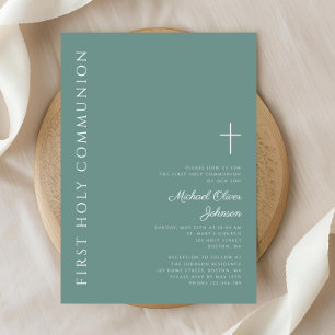 Modern Green Boy Cross First Holy Communion Invitation
