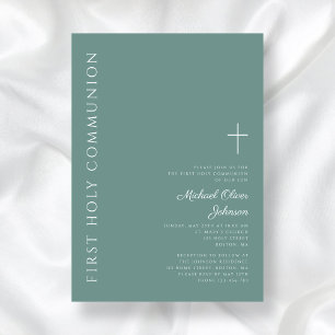 Modern Green Boy Cross  First Holy Communion Invitation