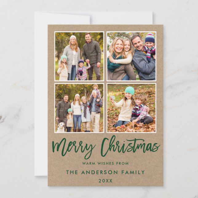 Modern Green Brush Script Christmas 4 Photo Kraft Holiday Card (Front)