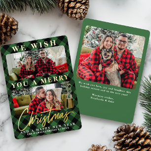 Modern Green Buffalo Plaid Christmas Photo Foil Holiday Card