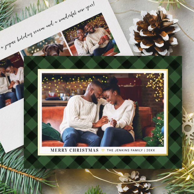 Modern Green Buffalo Plaid Christmas Photo Foil Holiday Card (Creator Uploaded)